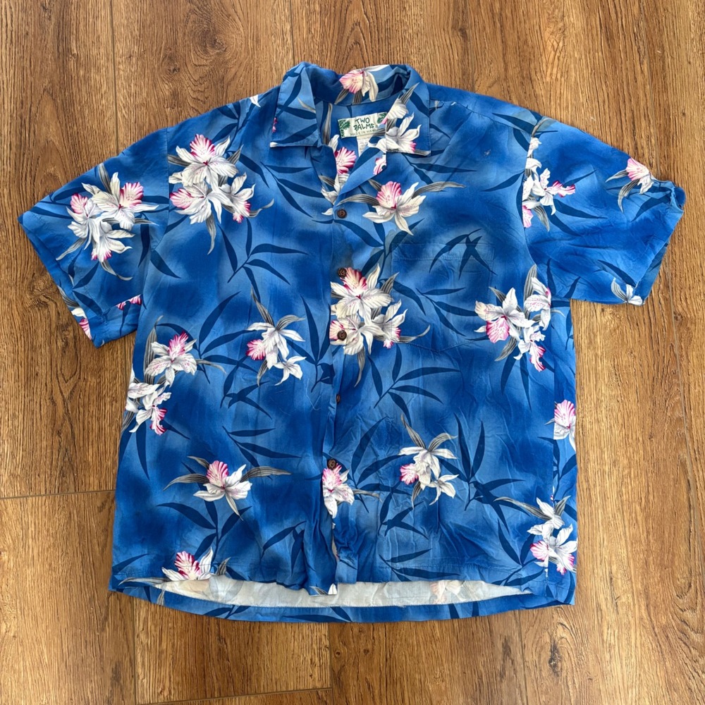 VTG Two Palms Hawaiian Aloha Shirt Womens L Floral Palm Made in Hawaii Rayon AOP